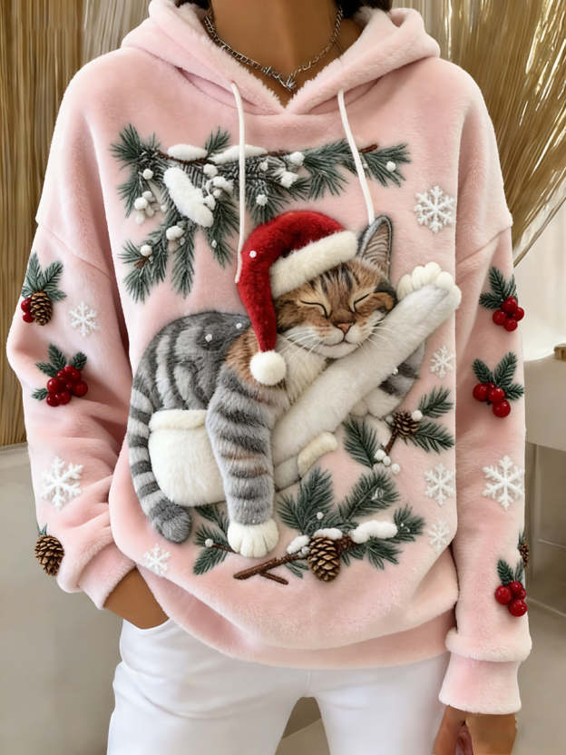 Women's Cute Christmas Cat Art Print Casual Flannel Hoodie