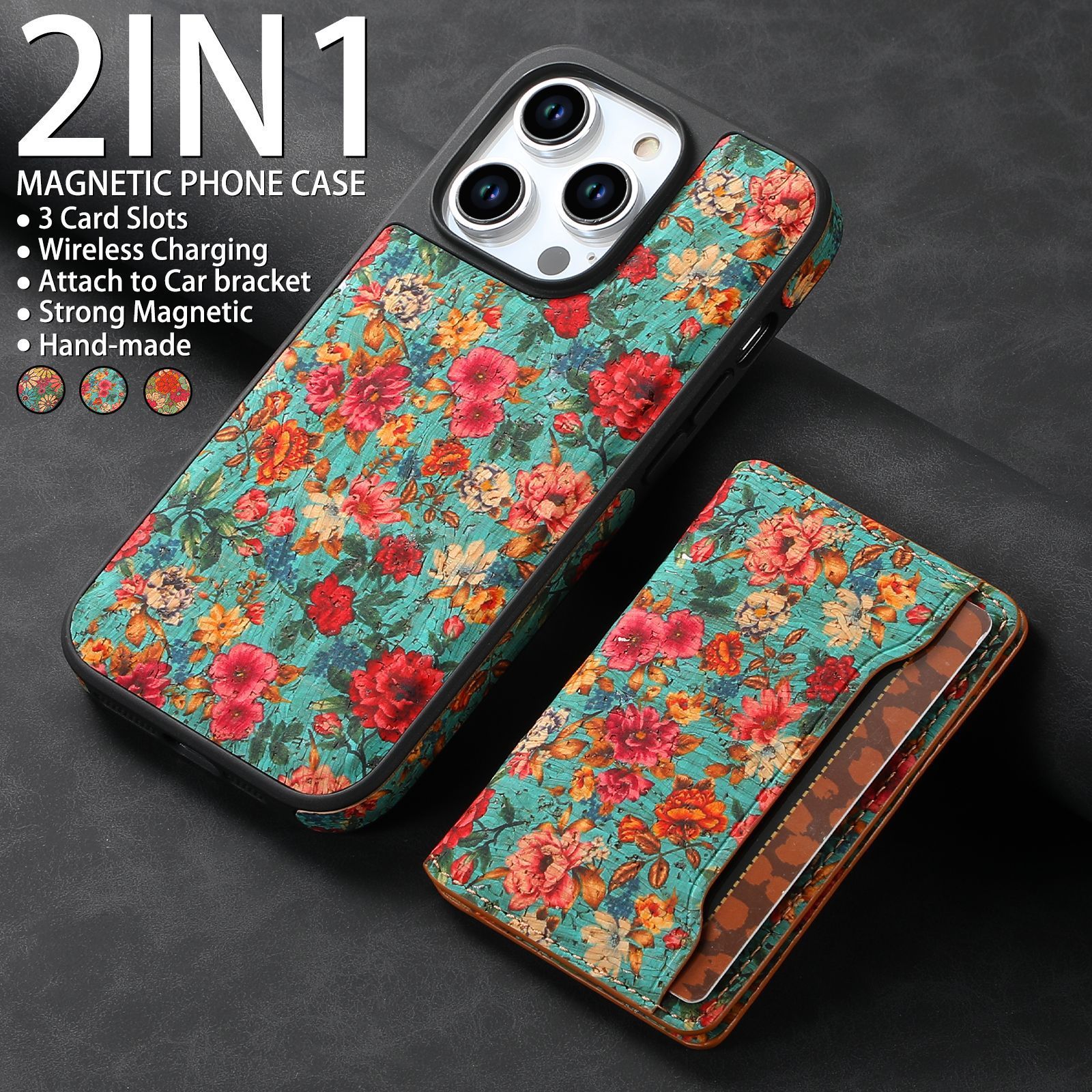 Floral Leather Magsafe Card Wallet Mobile Phone Case for Apple iPhone