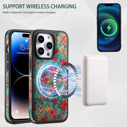 Floral Leather Magsafe Card Wallet Mobile Phone Case for Apple iPhone