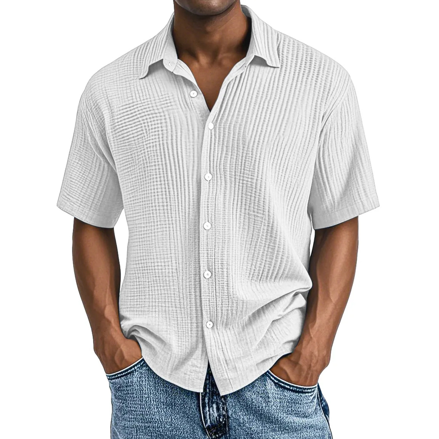 Men's Crinkle Textured Cotton Short Sleeve Button-Up Shirt