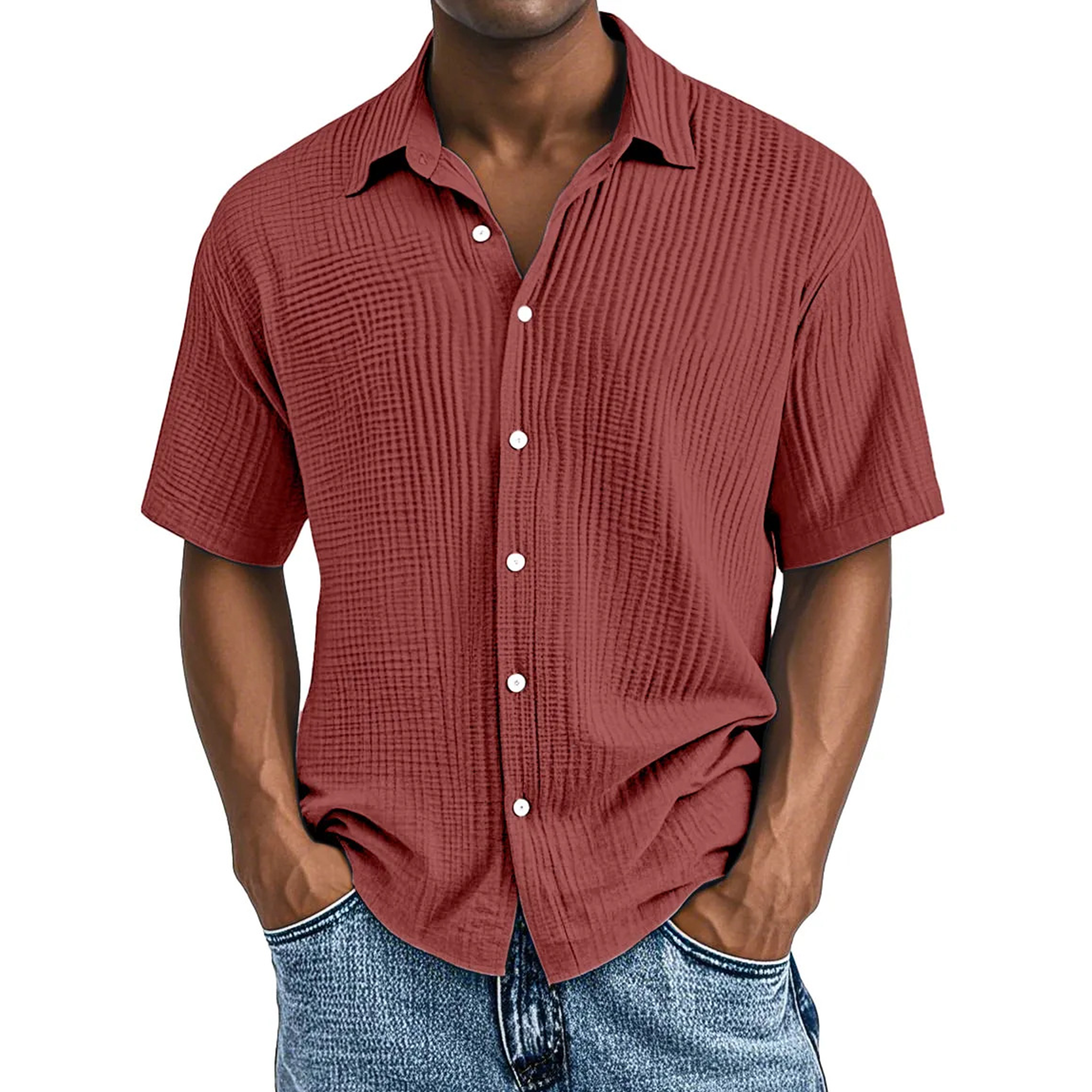 Men's Crinkle Textured Cotton Short Sleeve Button-Up Shirt