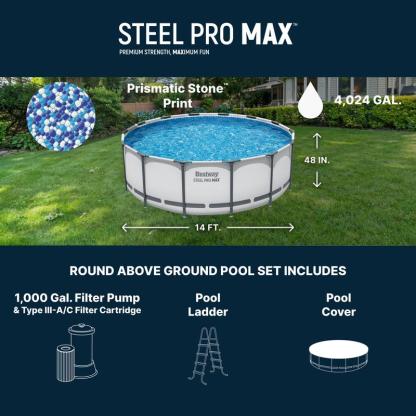 Round Above Ground Pool Set, Gray (15 Ft | 14 Ft | 13 Ft | Size Options)   Complete Set with Filter Pump, Ladder and Cover