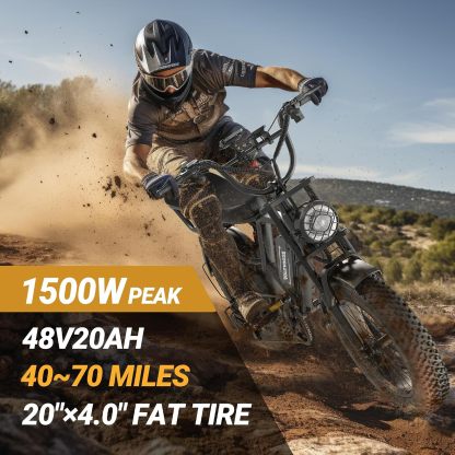 Electric E-Bike | Full Suspension | 1500W Peak Motor | 31/25 mph Top Speed | 25–70 Range | 48V 960/748 Wh Removable Battery | LED Headlights | 20/16-Inch All-Terrain Fat Tires |