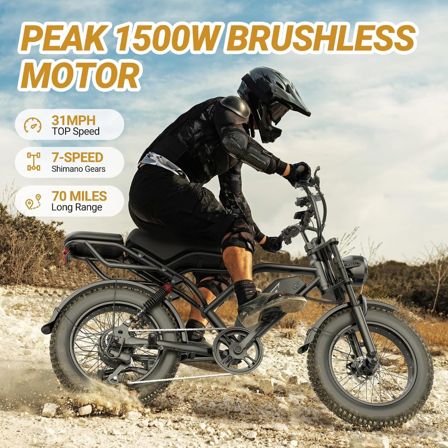 Electric E-Bike | Full Suspension | 1500W Peak Motor | 31/25 mph Top Speed | 25–70 Range | 48V 960/748 Wh Removable Battery | LED Headlights | 20/16-Inch All-Terrain Fat Tires |