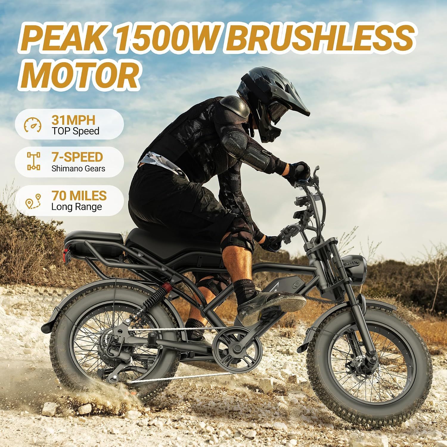 Electric E-Bike | Full Suspension | 1500W Peak Motor | 31/25 mph Top Speed | 25–70 Range | 48V 960/748 Wh Removable Battery | LED Headlights | 20/16-Inch All-Terrain Fat Tires |