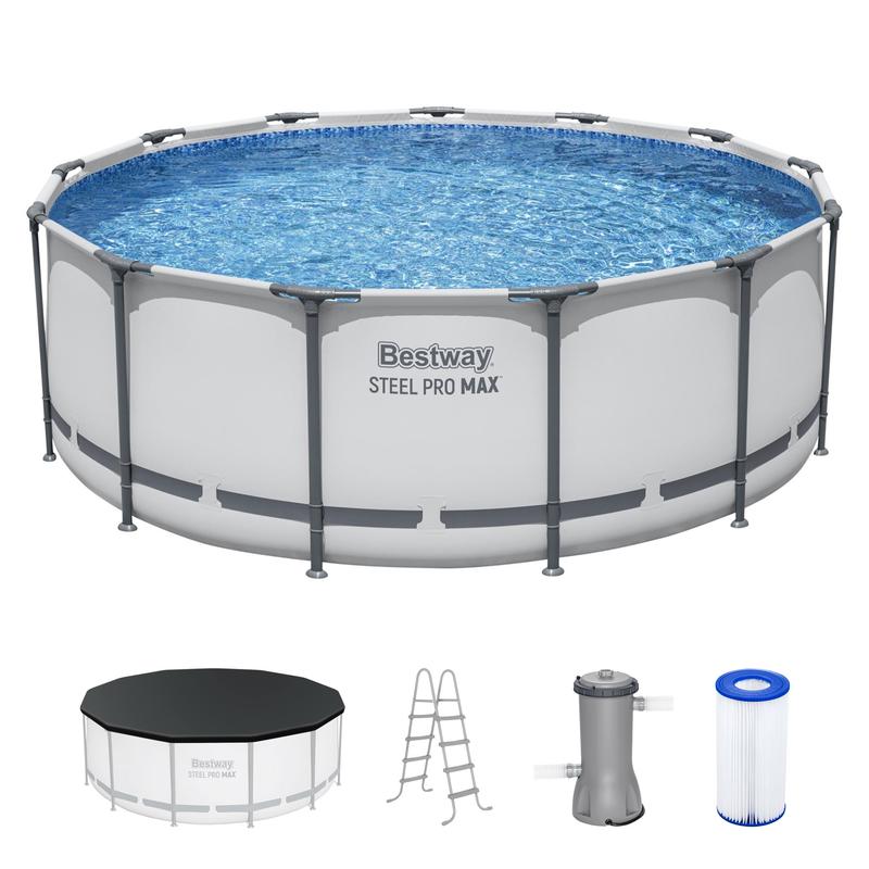 Round Above Ground Pool Set, Gray (15 Ft | 14 Ft | 13 Ft | Size Options)   Complete Set with Filter Pump, Ladder and Cover