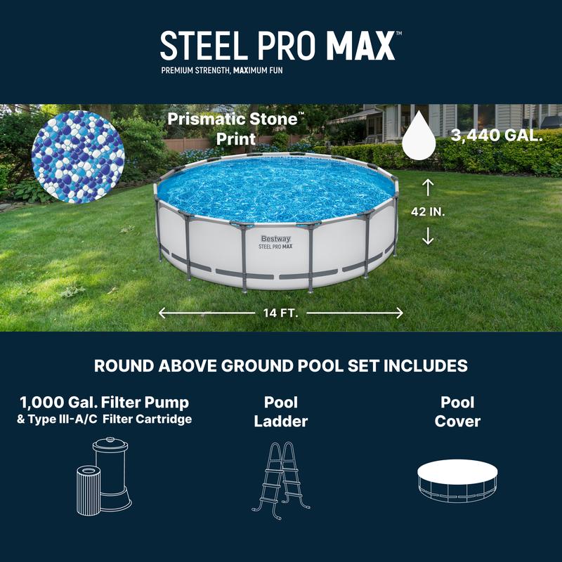 Round Above Ground Pool Set, Gray (15 Ft | 14 Ft | 13 Ft | Size Options)   Complete Set with Filter Pump, Ladder and Cover