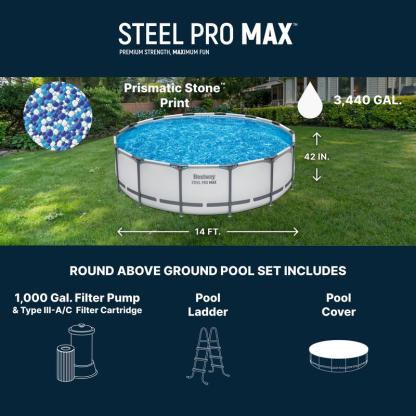 Round Above Ground Pool Set, Gray (15 Ft | 14 Ft | 13 Ft | Size Options)   Complete Set with Filter Pump, Ladder and Cover