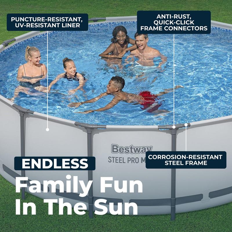 Round Above Ground Pool Set, Gray (15 Ft | 14 Ft | 13 Ft | Size Options)   Complete Set with Filter Pump, Ladder and Cover