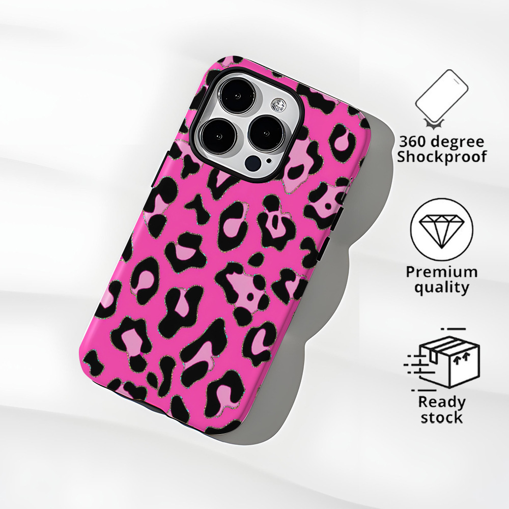 Cross-border flash powder leopard print phone case 15pm 2-in-1 film shell Apple 13Promax bright film shell