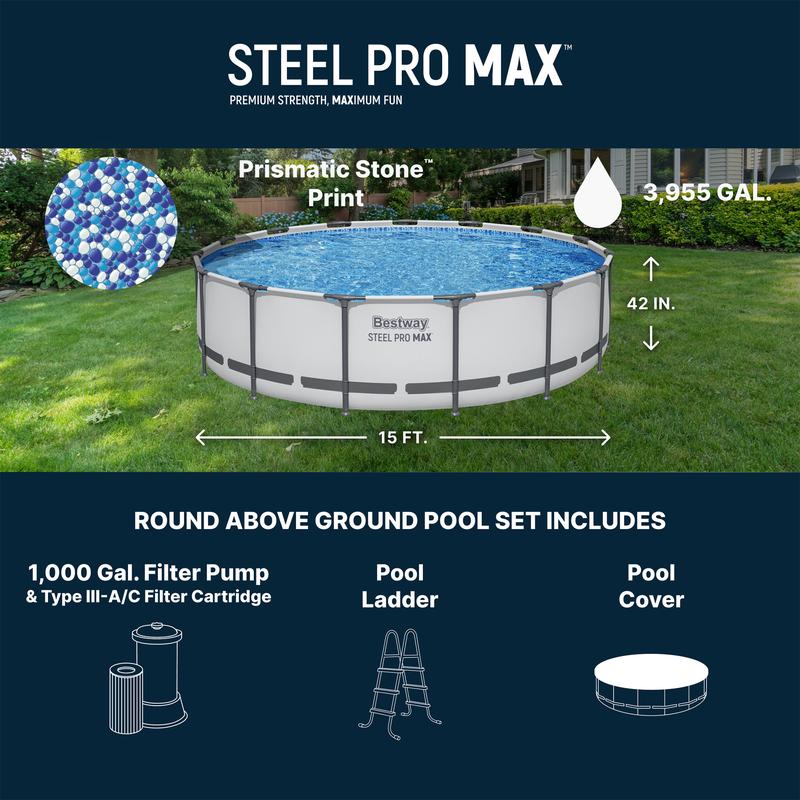 Round Above Ground Pool Set, Gray (15 Ft | 14 Ft | 13 Ft | Size Options)   Complete Set with Filter Pump, Ladder and Cover