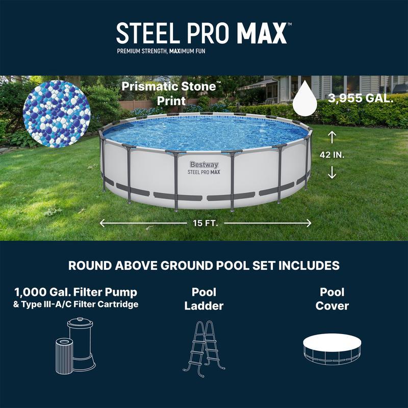 Round Above Ground Pool Set, Gray (15 Ft | 14 Ft | 13 Ft | Size Options)   Complete Set with Filter Pump, Ladder and Cover
