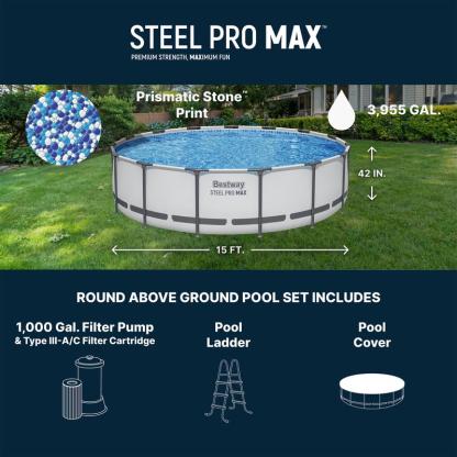 Round Above Ground Pool Set, Gray (15 Ft | 14 Ft | 13 Ft | Size Options)   Complete Set with Filter Pump, Ladder and Cover
