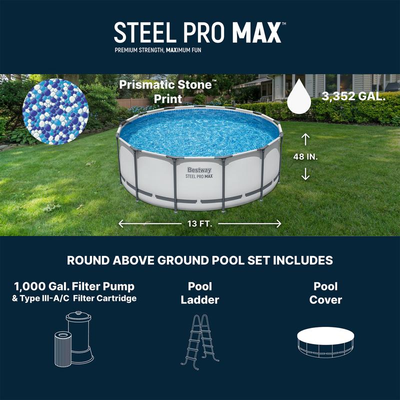 Round Above Ground Pool Set, Gray (15 Ft | 14 Ft | 13 Ft | Size Options)   Complete Set with Filter Pump, Ladder and Cover