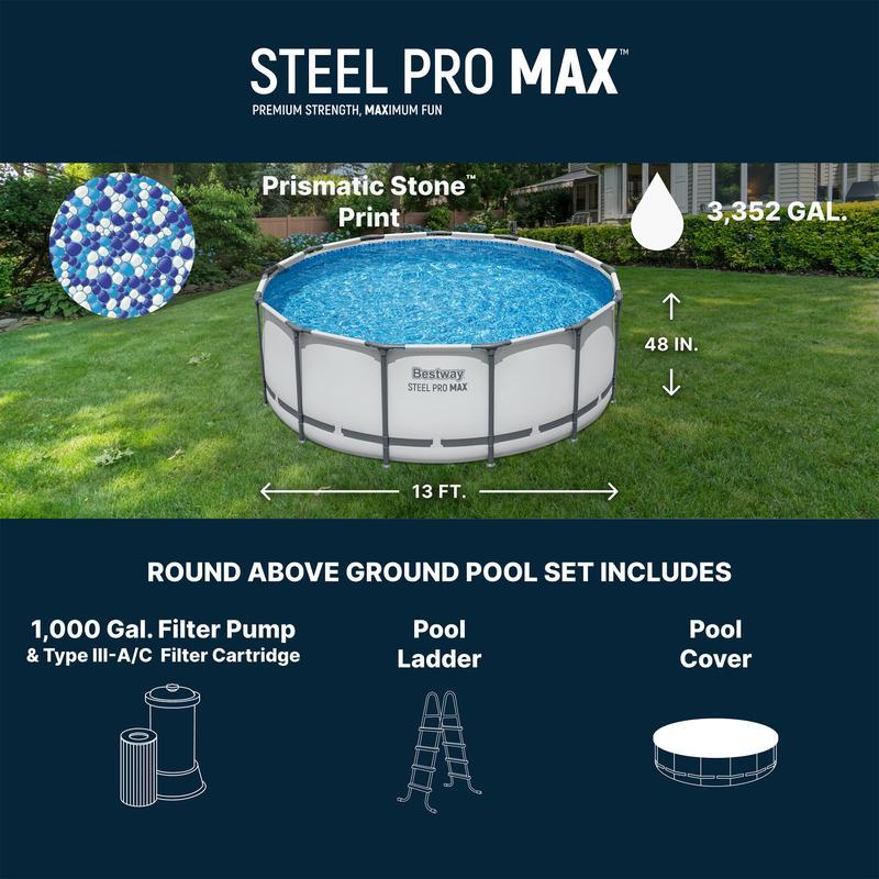 Round Above Ground Pool Set, Gray (15 Ft | 14 Ft | 13 Ft | Size Options)   Complete Set with Filter Pump, Ladder and Cover