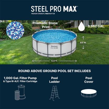 Round Above Ground Pool Set, Gray (15 Ft | 14 Ft | 13 Ft | Size Options)   Complete Set with Filter Pump, Ladder and Cover