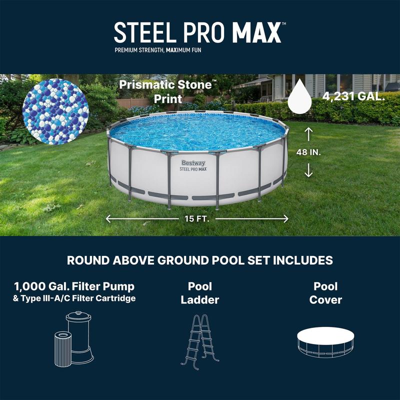 Round Above Ground Pool Set, Gray (15 Ft | 14 Ft | 13 Ft | Size Options)   Complete Set with Filter Pump, Ladder and Cover