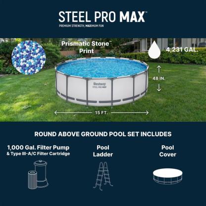 Round Above Ground Pool Set, Gray (15 Ft | 14 Ft | 13 Ft | Size Options)   Complete Set with Filter Pump, Ladder and Cover