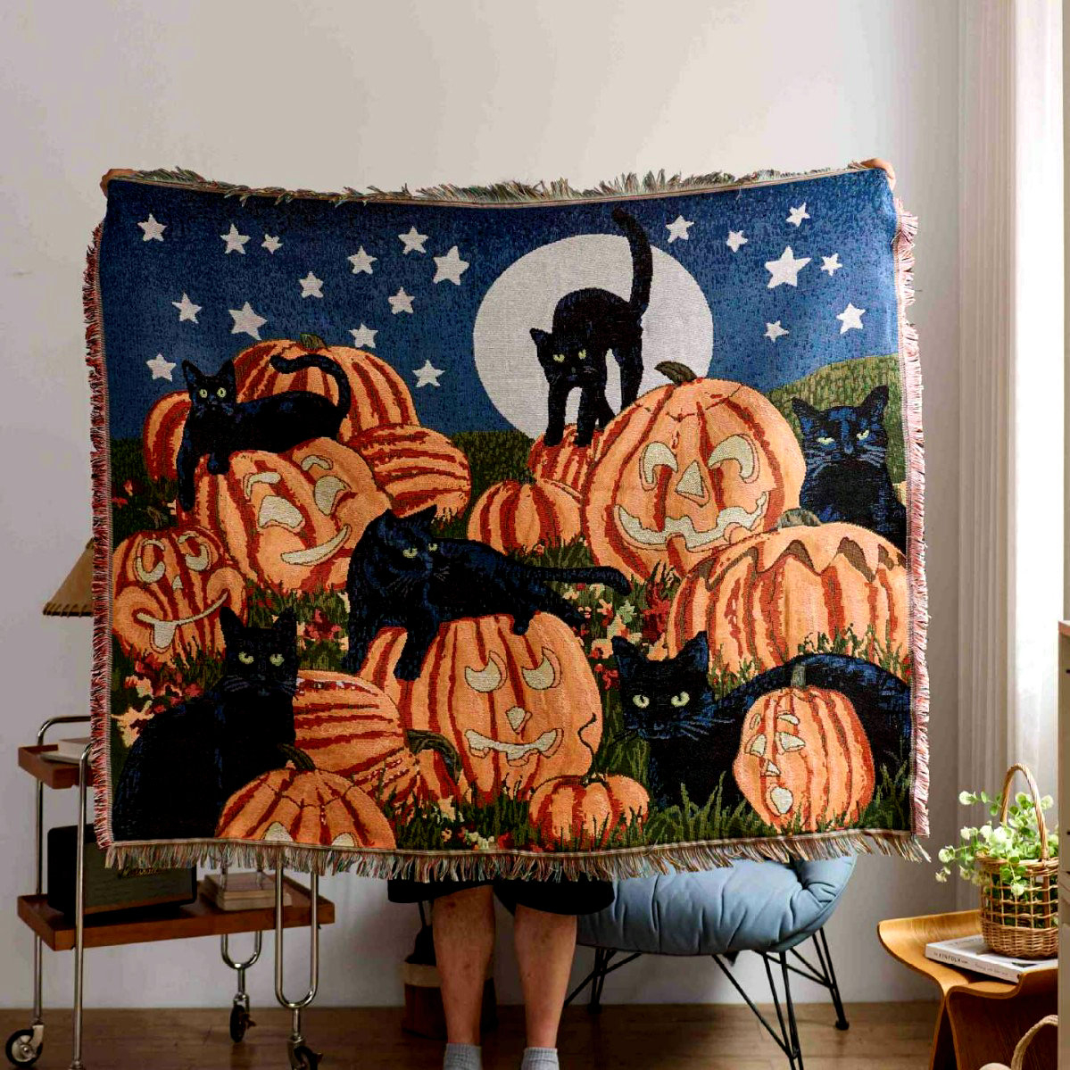 Black Cats & Pumpkins Woven Blanket Woven Blanket -Size: 51" x 62" (130cm x 160cm)