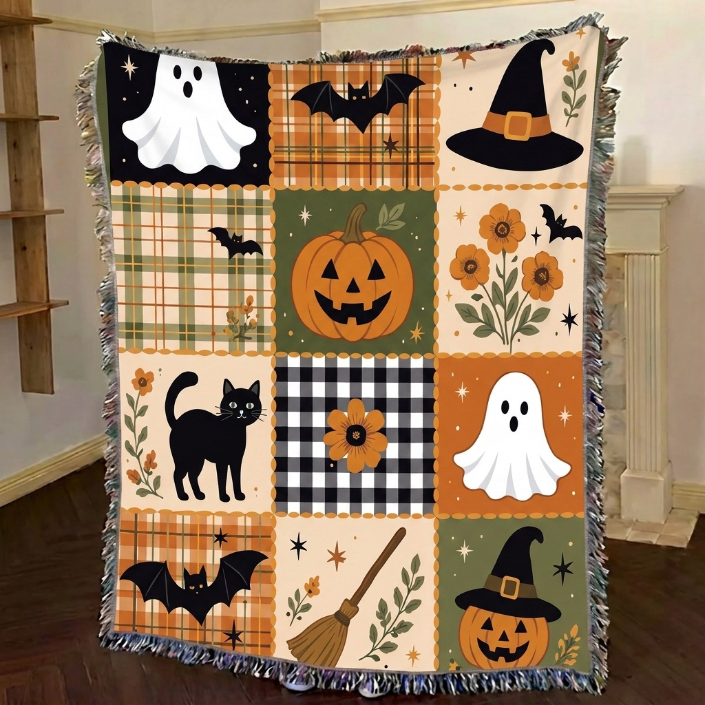 Halloween Patchwork  Fall Cottagecore Woven Blanket -Size: 51" x 62" (130cm x 160cm)