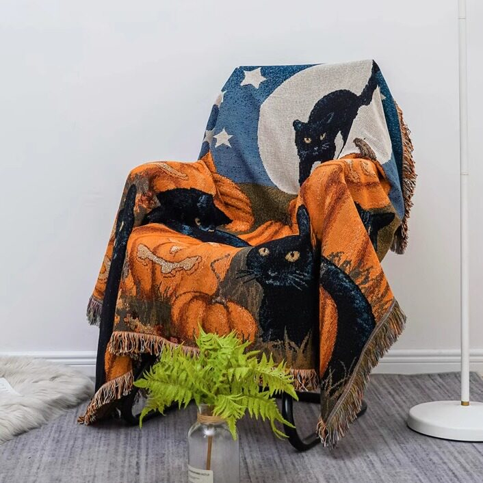 Black Cats & Pumpkins Woven Blanket Woven Blanket -Size: 51" x 62" (130cm x 160cm)