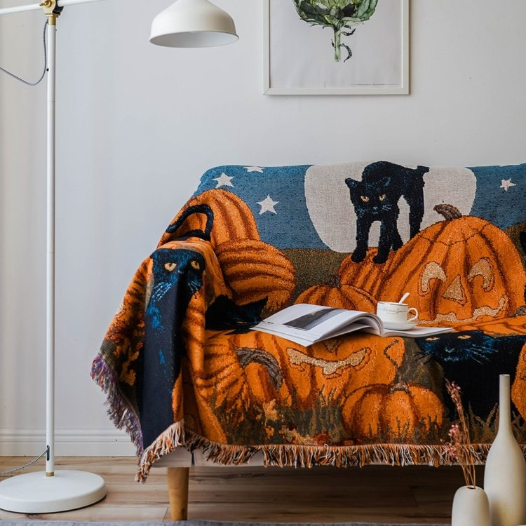 Black Cats & Pumpkins Woven Blanket Woven Blanket -Size: 51" x 62" (130cm x 160cm)
