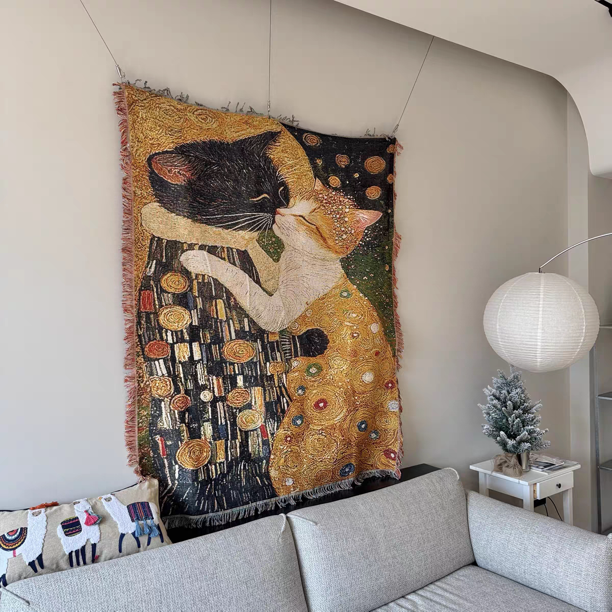Gustav Klimt -The Kiss Cat Woven Blanket -Size: 51" x 62" (130cm x 160cm)