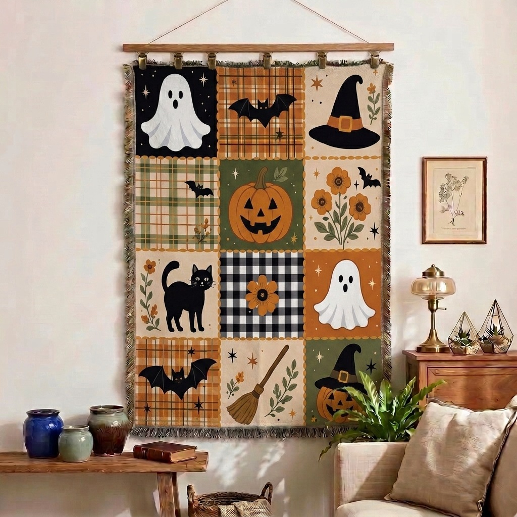 Halloween Patchwork  Fall Cottagecore Woven Blanket -Size: 51" x 62" (130cm x 160cm)