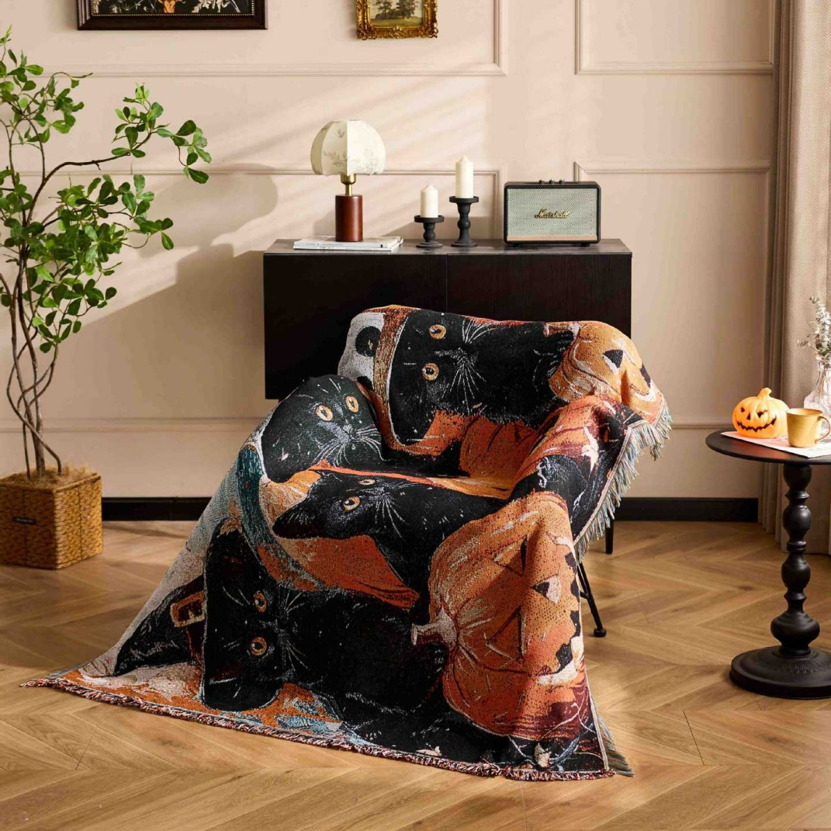 Black Cats & Pumpkins Woven Blanket Woven Blanket -Size: 51" x 62" (130cm x 160cm)