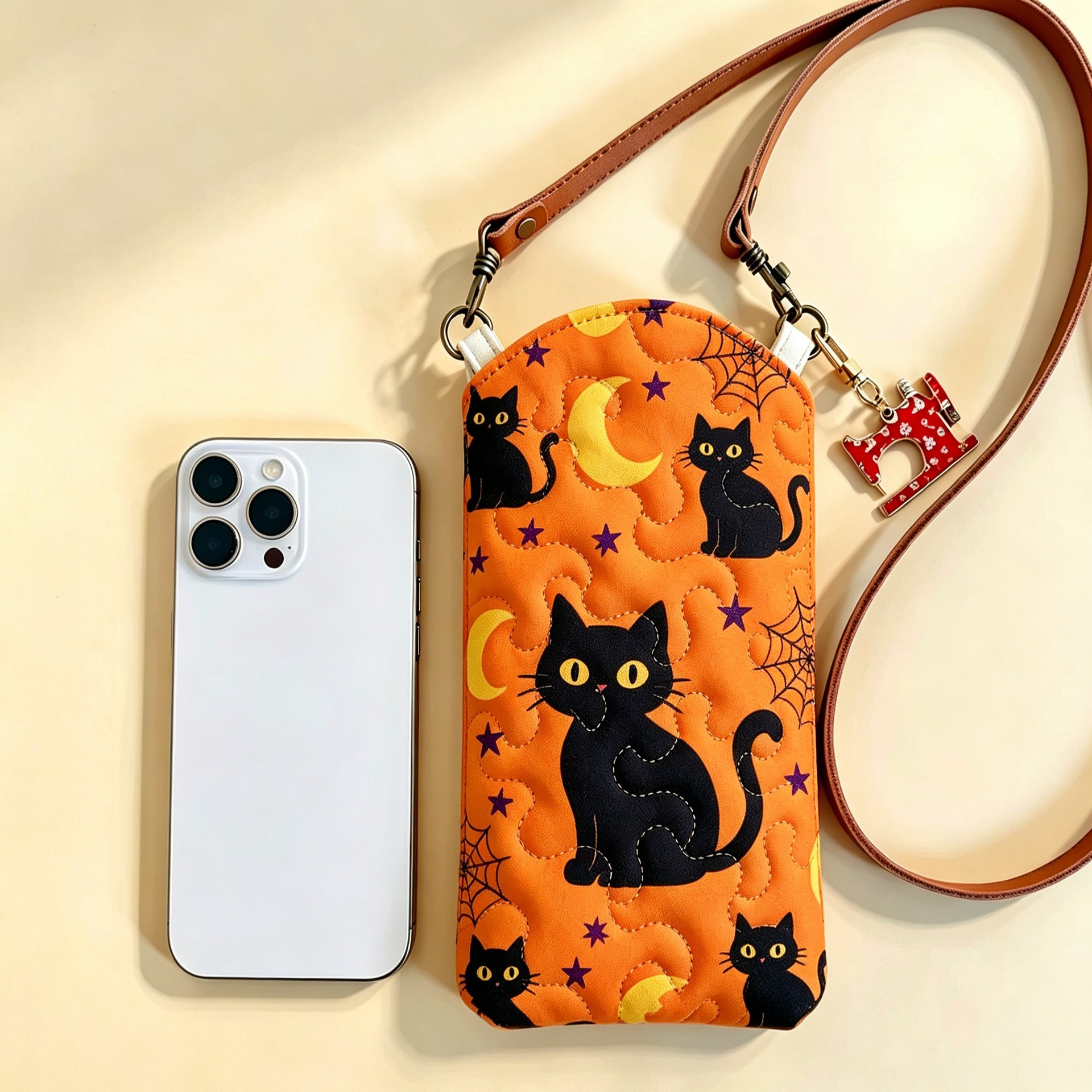 Halloween Black Cat & Spiderweb  Phone Crossbody Bag 
