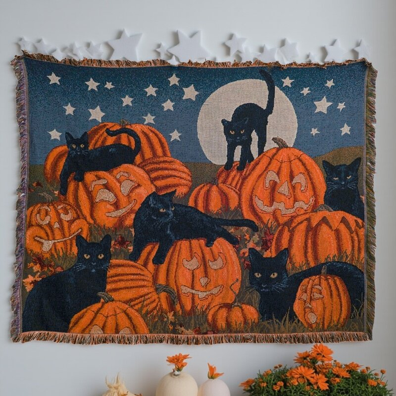 Black Cats & Pumpkins Woven Blanket Woven Blanket -Size: 51" x 62" (130cm x 160cm)