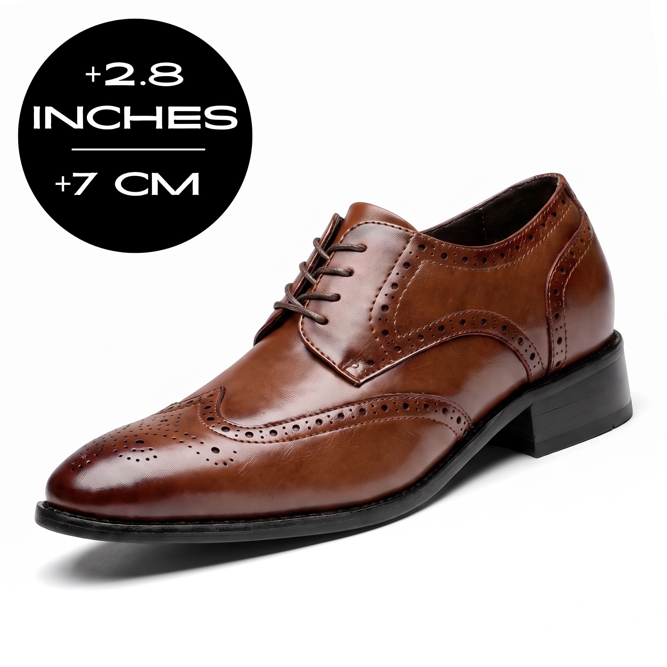 FORCIANO BROGUE brown premium leather elevator dress shoe in front three-quarter view with visible 7 cm / 2.8" height increase graphic.