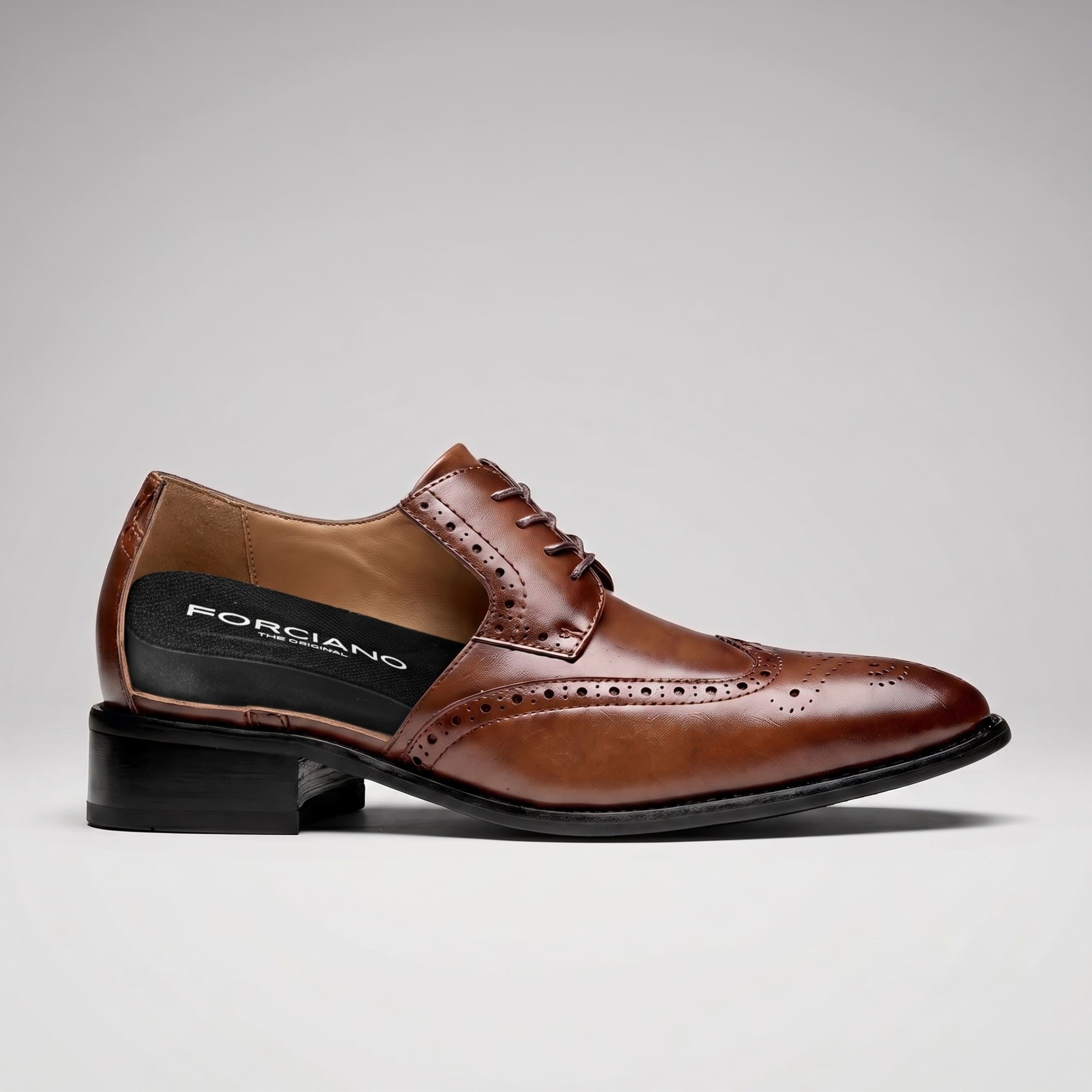 FORCIANO BROGUE brown Leather Height Increasing Shoes shown in side cutaway view with the internal FORCIANO lift structure visible.
