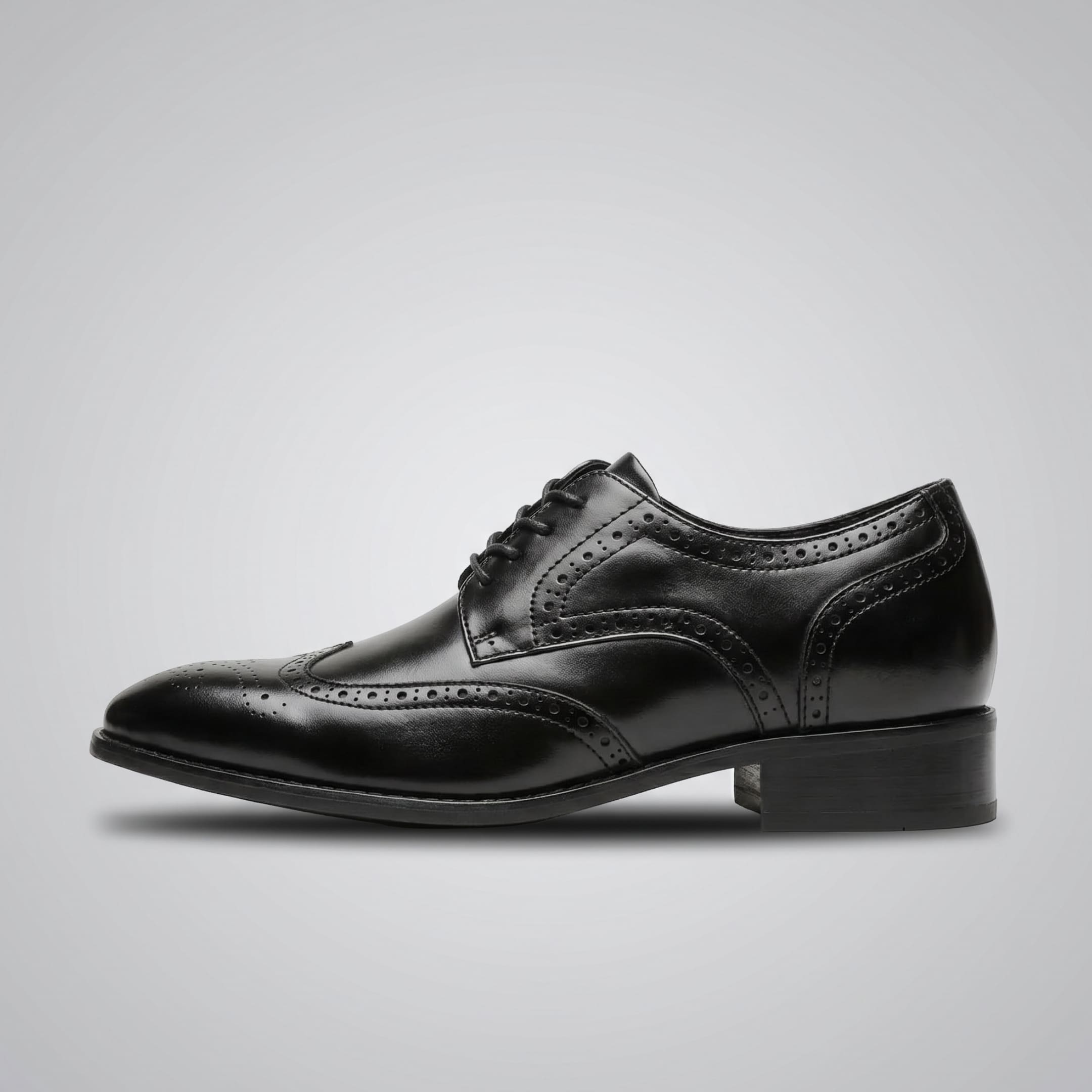 FORCIANO BROGUE black Men's Elevator Dress Shoes shown on a male model in front and rear formal views, featuring premium leather and wingtip detailing.