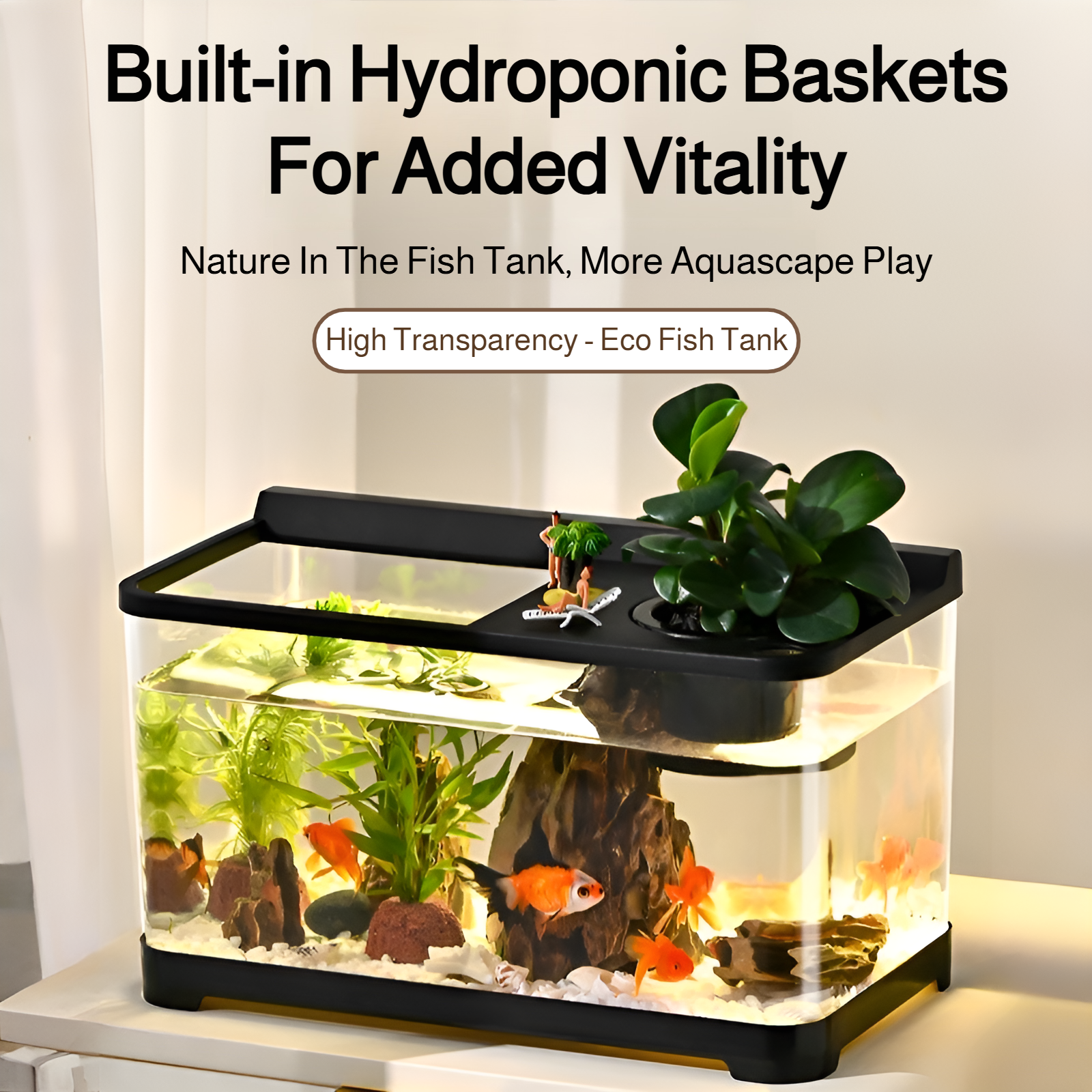 Household aquarium with clear plastic cover
