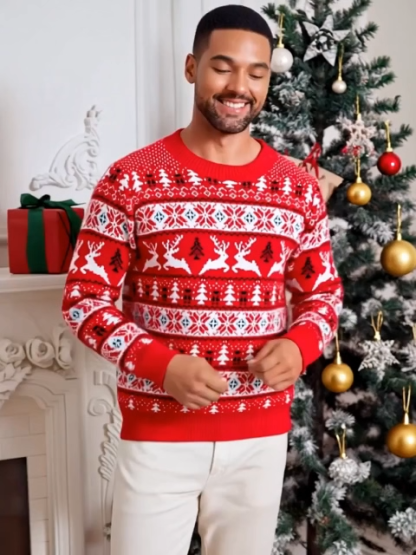 Crew Neck Christmas Jacquard Knit Sweater