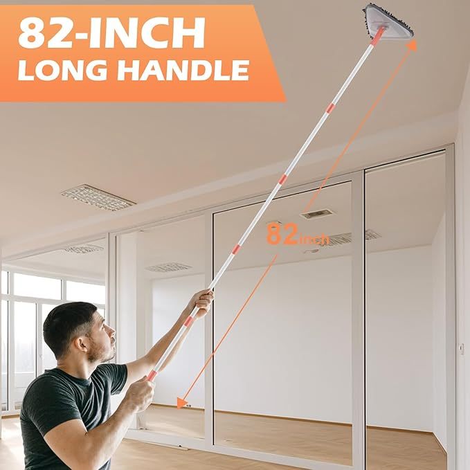 Wall Cleaner Triangle Mop with 82'' Long Handle - Wall Scrubber, Cleaning Washer Tool with 4 Microfiber Chenille Duster Pads for Clean Walls, Ceiling, Windows, Baseboards, Floors (Gray)