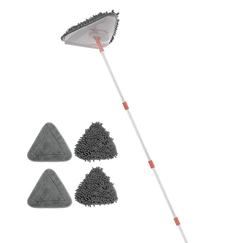 Wall Cleaner Triangle Mop with 82'' Long Handle - Wall Scrubber, Cleaning Washer Tool with 4 Microfiber Chenille Duster Pads for Clean Walls, Ceiling, Windows, Baseboards, Floors (Gray)