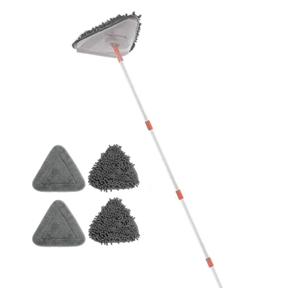 Wall Cleaner Triangle Mop with 82'' Long Handle - Wall Scrubber, Cleaning Washer Tool with 4 Microfiber Chenille Duster Pads for Clean Walls, Ceiling, Windows, Baseboards, Floors (Gray)