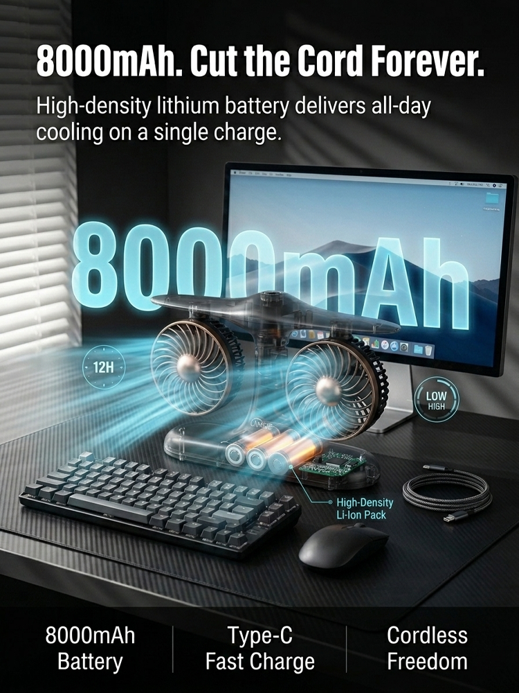 🌀 Dual Turbo Desk Fan | Instant 28°F Drop | 12H Cordless Power | 38dB Library Quiet 🔋