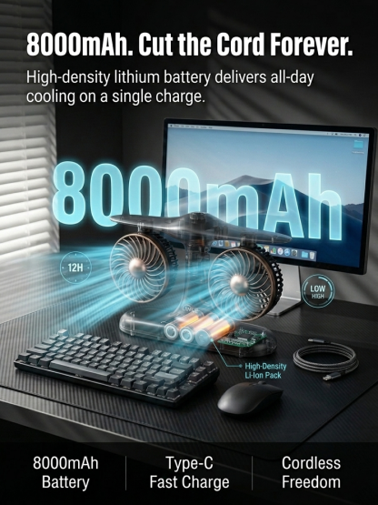 🌀 Dual Turbo Desk Fan | Instant 28°F Drop | 12H Cordless Power | 38dB Library Quiet 🔋