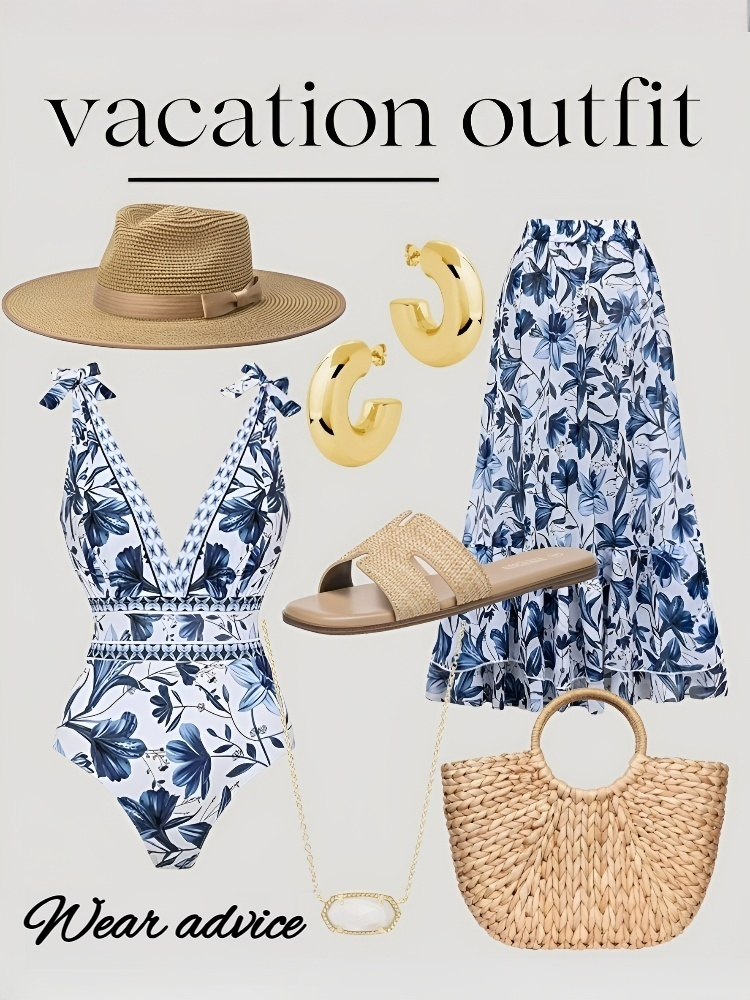 V-neck lace-up printed one-piece swimsuit + long skirt set