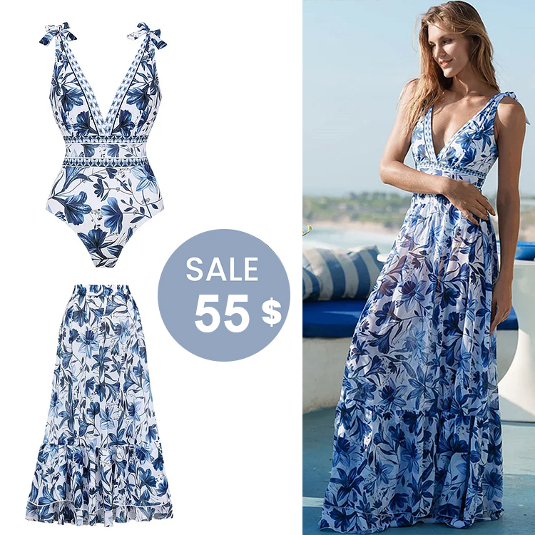 V-neck lace-up printed one-piece swimsuit + long skirt set
