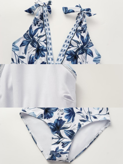 V-neck lace-up printed one-piece swimsuit + long skirt set
