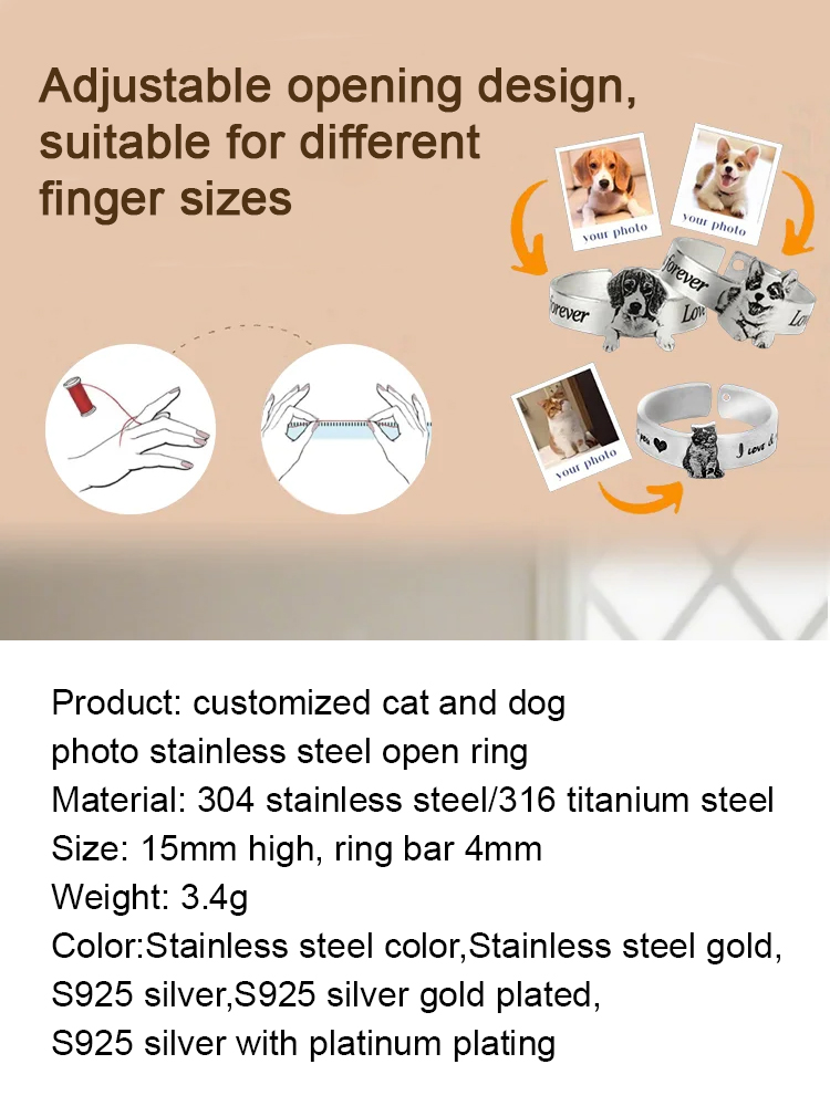 [Preserve Precious Memories] Stainless - Steel Animal Open - Ring Engraved with Cat & Dog Photos