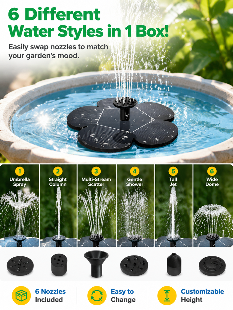 ⛲ Solar Floating Fountain | 100% Safe For Kids | Zero Energy Cost | 6 Spray Modes | Instant Setup 🌿