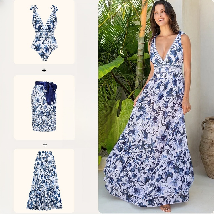 V-neck lace-up printed one-piece swimsuit + long skirt set