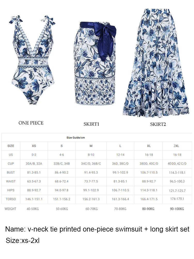 V-neck lace-up printed one-piece swimsuit + long skirt set