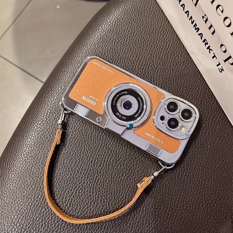 Retro Camera Style Leather Phone Case with Lanyard Wrist Strap for iPhone