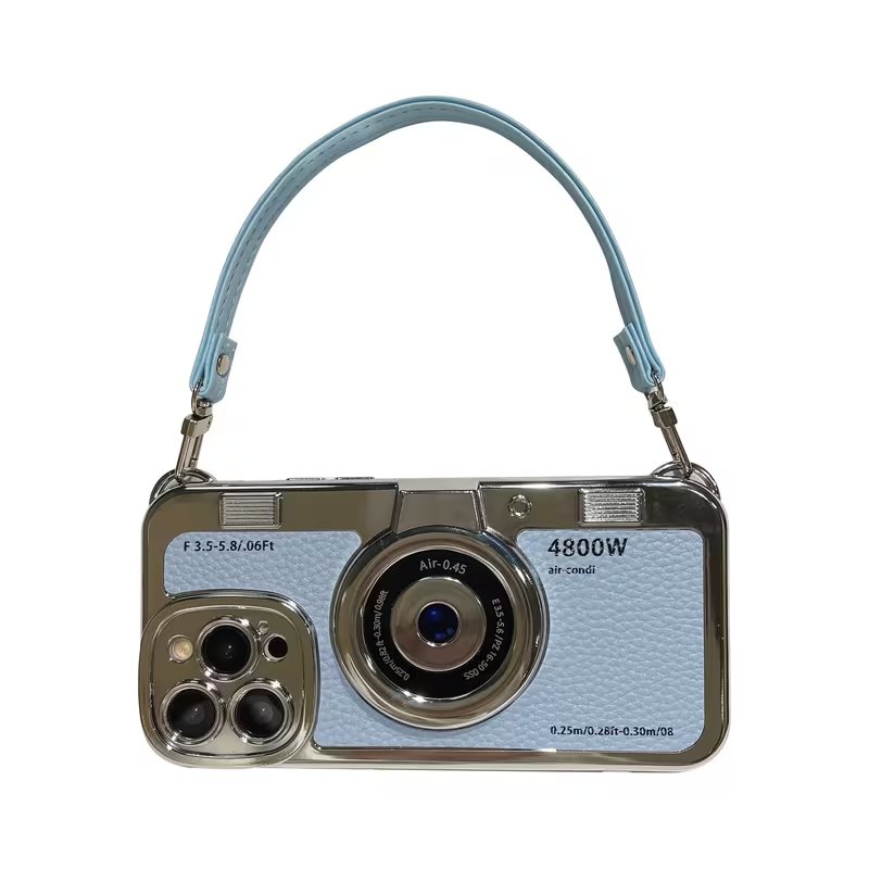 Retro Camera Style Leather Phone Case with Lanyard Wrist Strap for iPhone